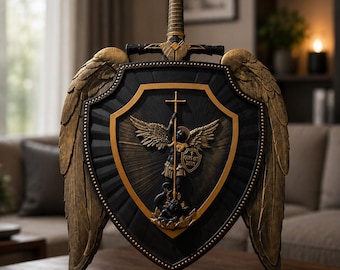 St Michael Shield Wall Decor - Christian Warrior Shield, Catholic Wall Art, Handmade Wood Decor