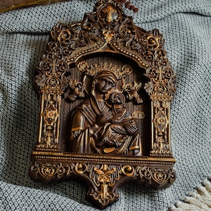 Virgin Mary wooden icon Any size Wood carvings religious wall art orthodox Icon Gift for mom image 9