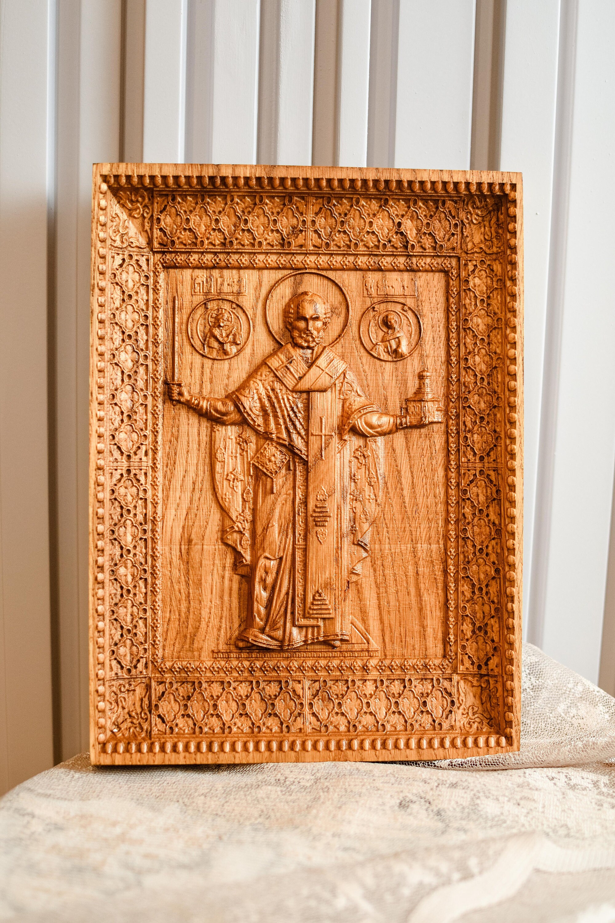 Saint Nicholas Wooden Carved Religious Icon Greek Orthodox Icons