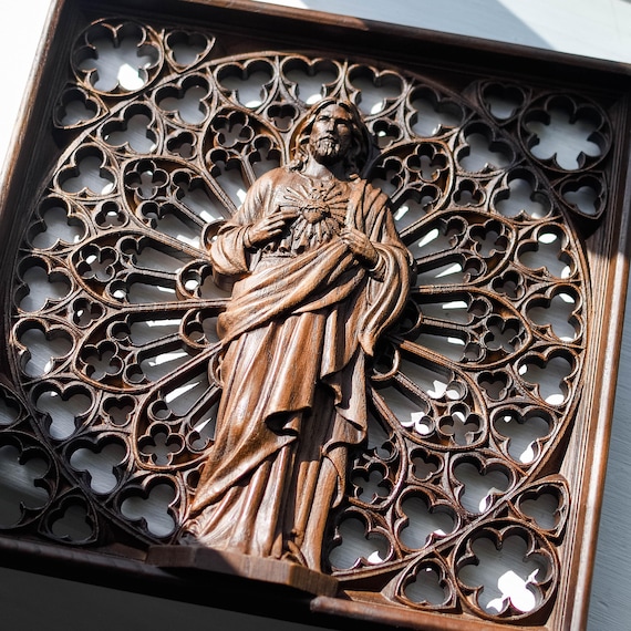 Sacred Heart of Jesus Wood Statue: Intricately Carved Christian Wall Art