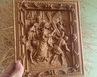 Second Station of the cross Way of the Cross 2nd station Pilate condemns Jesus to die Way of Sorrows Wood Carving Religious icon TAX FREE