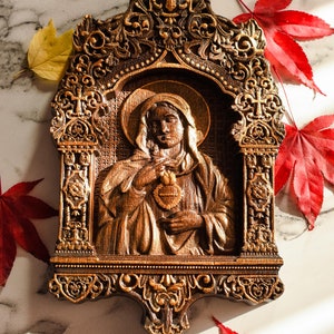 Immaculate heart of Mary Religious catholic icons Wood carving Christian gift for women Religious home decor Gift for her