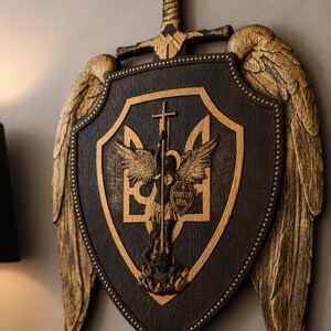 Archangel Michael Wall Art - St Michael Wooden Shield, Catholic Wood Carving, Christian Home Decor, Gift for Men, Oak Wood Icon image 2