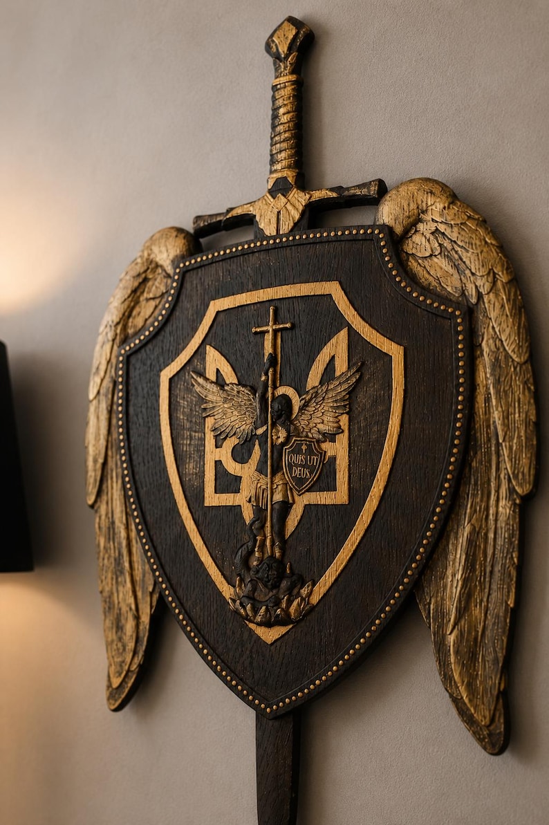 Archangel Michael Wall Art - St Michael Wooden Shield, Catholic Wood Carving, Christian Home Decor, Gift for Men, Oak Wood Icon image 2