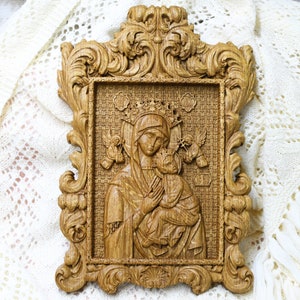Virgin Mary Oak Wood Carving: Personalized Orthodox Icon Wall Plaque, XS-XXL, TAX Free