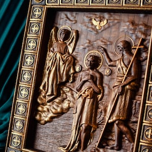 Theophany icon wall hanging Art Work Baptism of Jesus in the river  wooden  Christian Wooden Plaque Baptism gift Catholic home decor