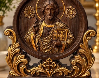 Jesus Christ Statue, 7x7'', Hand Carved Wooden Icon, Freestanding Catholic Decor, Christ Religious Art, Christian Home Decor