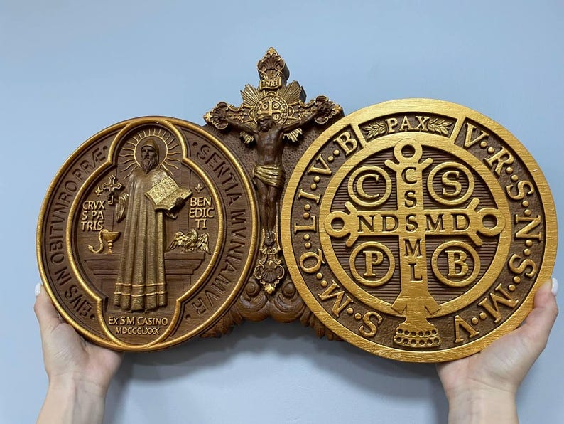 Wood Carved St Benedict Exorcism Cross: Christian Icon, Personalized Decor XS-XXL, TAX Free image 13