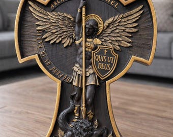 Archangel Michael Oak Cross – Hand-Carved Christian Wall Art, Faith Symbol