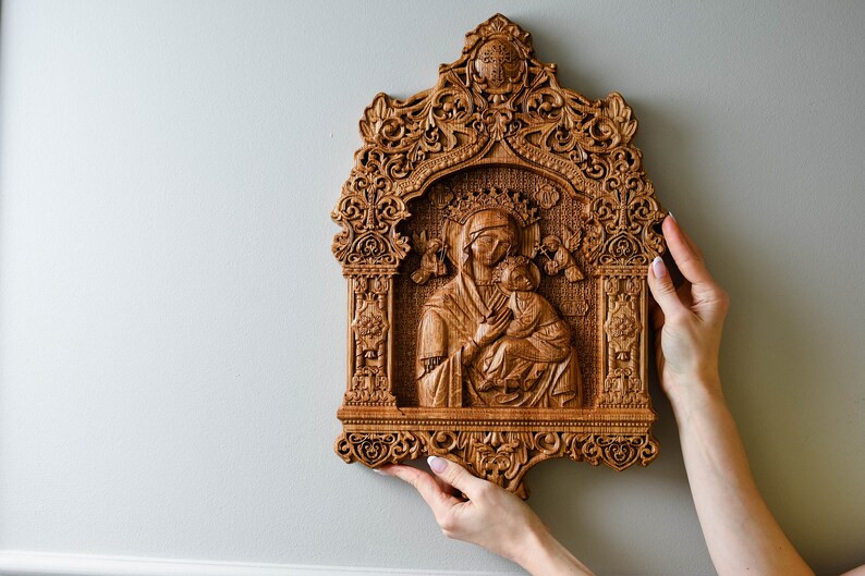 Virgin Mary wooden icon Any size Wood carvings religious wall art orthodox Icon Gift for mom image 4