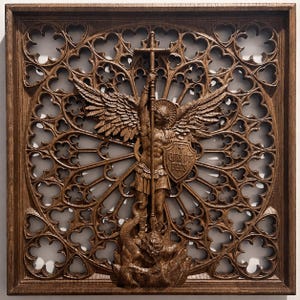 May include: A square dark brown wooden wall plaque featuring an intricate carved relief of a winged figure holding a tall cross-topped staff and a shield inscribed with the Latin text QUIS UT DEUS, standing over a serpent-like creature.
