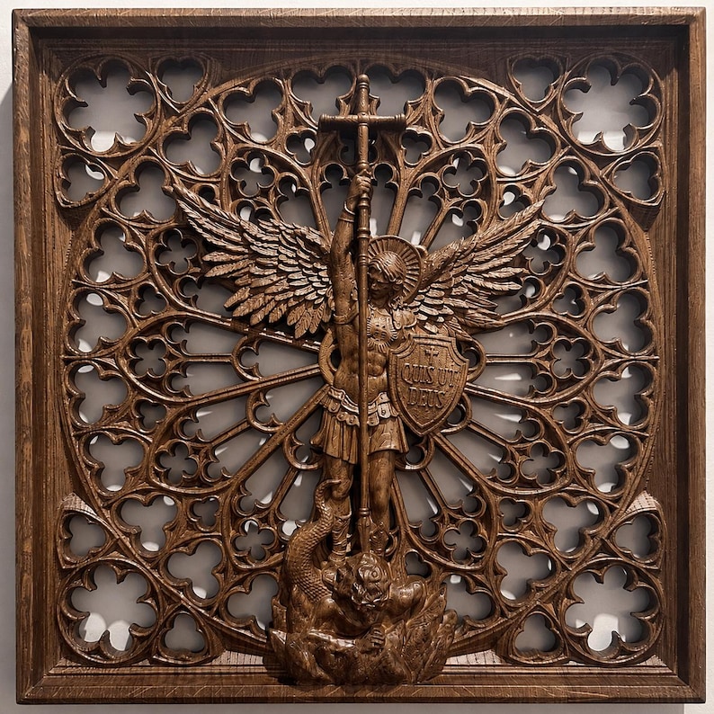 May include: A square dark brown wooden wall plaque featuring an intricate carved relief of a winged figure holding a tall cross-topped staff and a shield inscribed with the Latin text QUIS UT DEUS, standing over a serpent-like creature.
