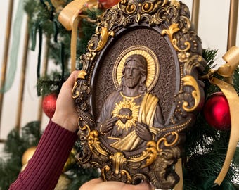 Conjunto de iconos de madera de roble del Sagrado Corazón: Arte mural católico, grabado personalizado.