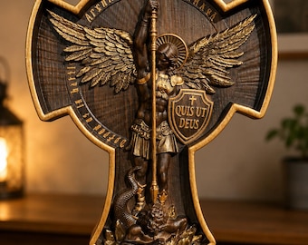 St Michael Wooden Wall Art - Christian Protection Gift for Men, Catholic Warrior Cross