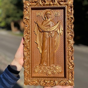 Christian Housewarming gift Wood Carved Religious orthodox icon Virgin Mary Personalized engraved christian wall art on wood
