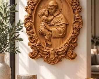 Saint Anthony of Padua Wooden Icon, Catholic Wall Art, Jesus and Saint Relief, Hand Carved Religious Decor, Christian Gift
