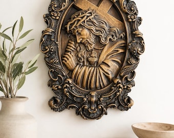 Hand Carved Wooden Jesus Plaque, Catholic Wall Decor, Christian Gift, Sacred Heart of Jesus