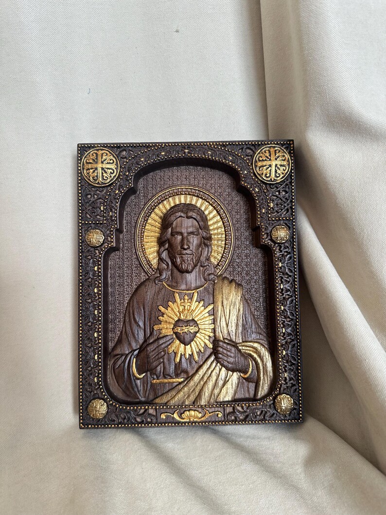 Sacred Heart of Jesus Wooden Carved Christian Decor Wall Hanging