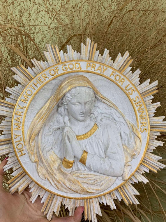 オーク材の聖母マリア彫刻額：キリスト教の宗教的壁画 - Etsy 日本