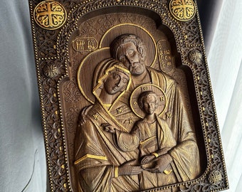 Holy family Wooden Carved Wall Plaque - Byzantine icon Wall Hanging Art Work  gift ideas Christmas Gift  Nativity