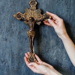 Wooden Wall Crucifix  Natural  Wood - Different colors - Any size - Christ Cross - Personalized  Christian wooden carved Pediment TAX FREE