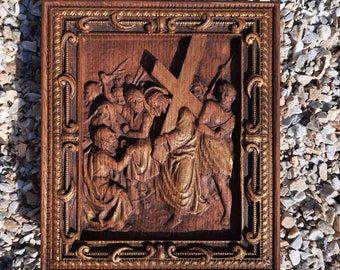Stations of the cross Way of the Cross 6th station Pilate condemns Jesus to die Way of Sorrows Wood Carving Religious icon TAX FREE