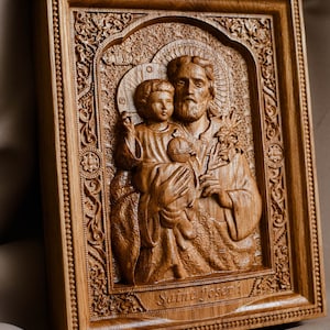 Saint Joseph  Wood Carved Religious Personalised icon Wall Hanging Art Work gift ideas Fathers Day gift from daughter TAX FREE