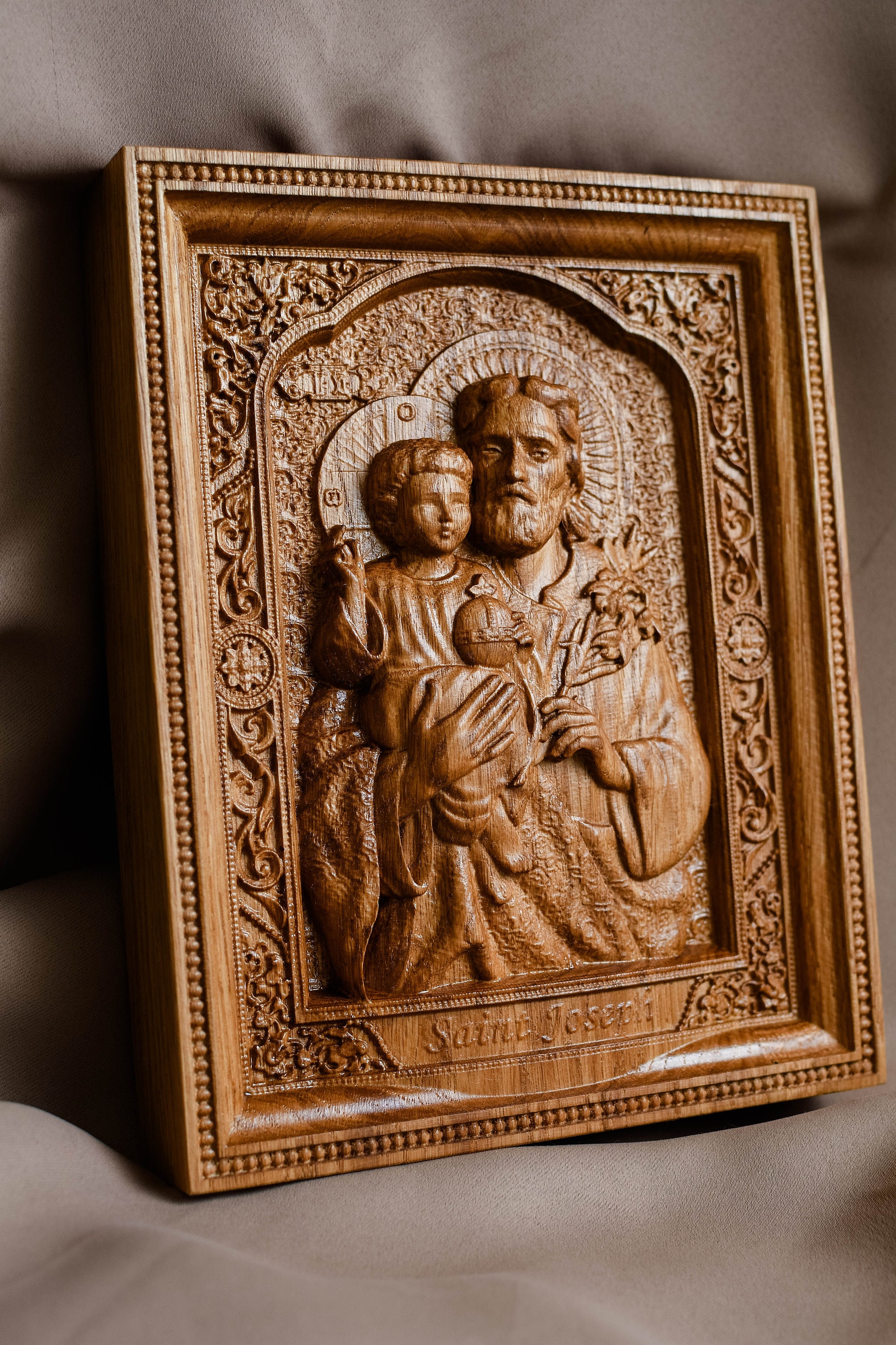 Hand Carved Oak Saint Joseph Icon: Personalized Religious Wall Art