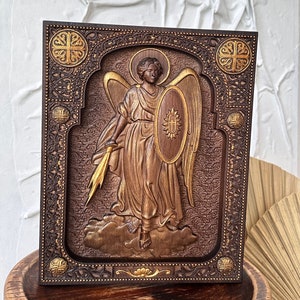 Archangel Michael Wood Carving: Christian Icon, Personalized Religious Gift