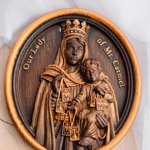 Virgen del Carmen Our Lady  of Mount Carmel wooden wall canvas personalized gifts for mom christian gift Wood carved religious wall art