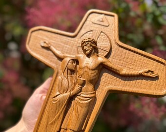 Schoenstatt Movement Unity Cross: Oak Wood Jesus & Mary Icon