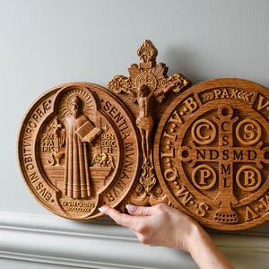 Wood Carved St Benedict Exorcism Cross: Christian Icon, Personalized Decor XS-XXL, TAX Free image 6