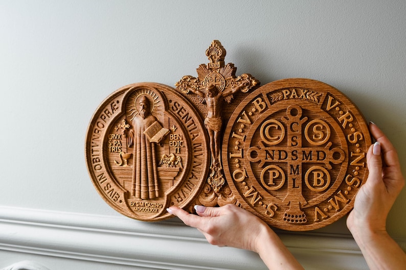 Wood Carved St Benedict Exorcism Cross: Christian Icon, Personalized Decor XS-XXL, TAX Free image 6