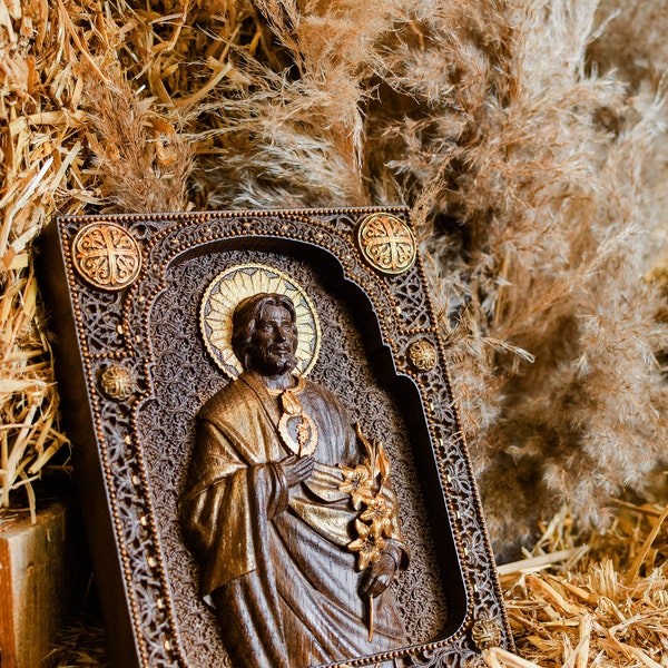 Personalized Saint Joseph Wooden Icon: Carved Wall Art