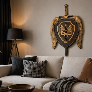 May include: A wall-mounted decorative shield and sword set featuring a black shield with a gold-colored Ukrainian trident emblem, flanked by two large gold-colored wings, with a sword positioned vertically behind the shield.