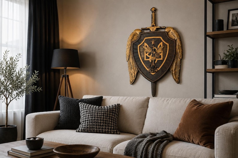 May include: A wall-mounted decorative shield and sword set featuring a black shield with a gold-colored Ukrainian trident emblem, flanked by two large gold-colored wings, with a sword positioned vertically behind the shield.