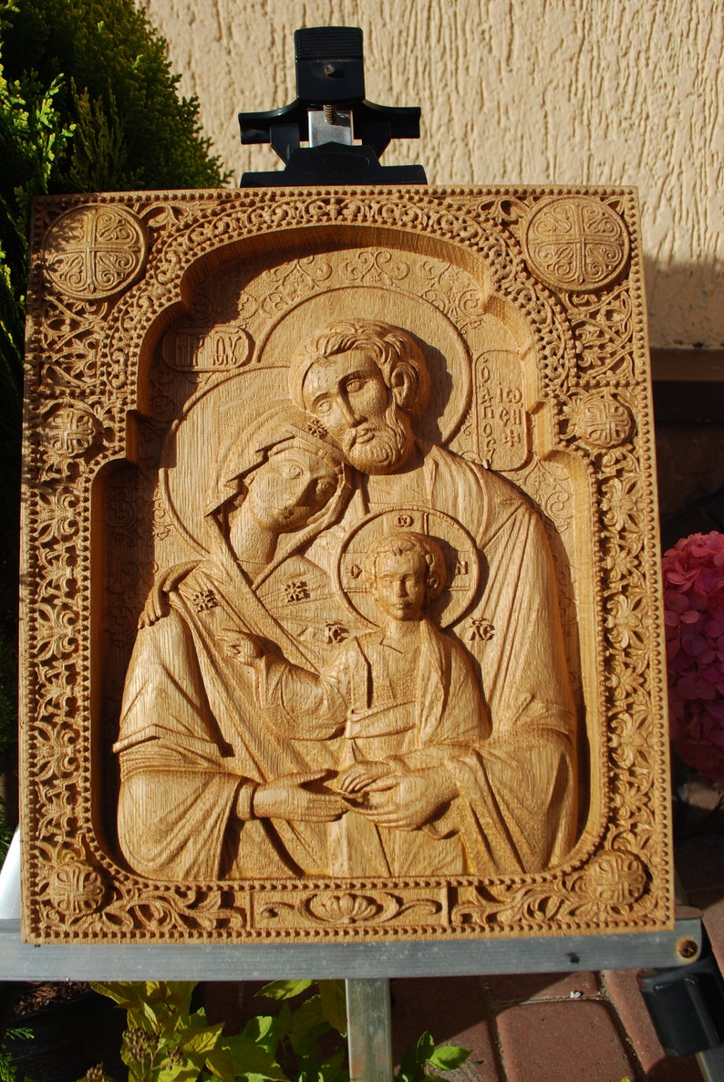 Holy family Nativity Wood Carved Religious Byzantine icon Wall Natural oak