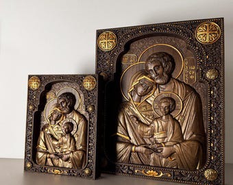 Personalized Holy Family Icon: Carved Oak Wood Byzantine Catholic
