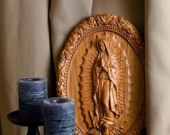 Hand Carved Our Lady of Guadalupe Wooden Icon, 9x13 Inch Catholic Wall Art