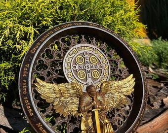 Angel Warrior St. Benedict Medal Wood Wall Art,  Home Protection Amulet Personalized, TAX Free
