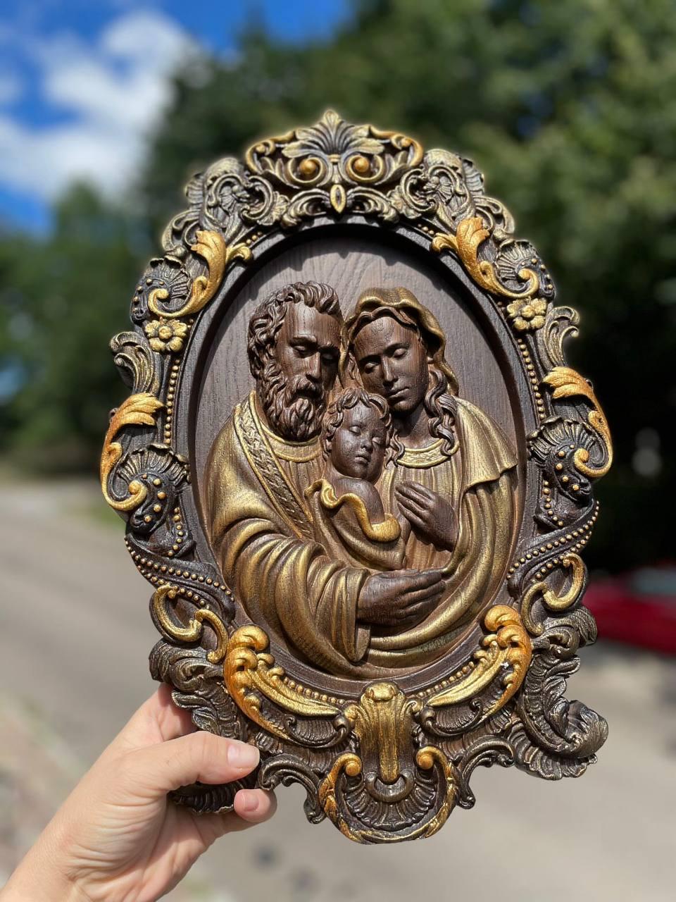 Figurina Religiosa Da Parete Sacra Famiglia Con Croce, Color Bronzo, 23,5 Cm, Artigianale - 3