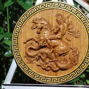 St. Georg und der Drache Ikone aus Holz geschnitztes religiöses Wandkunst christliches Geschenk für Männer TAX FREE