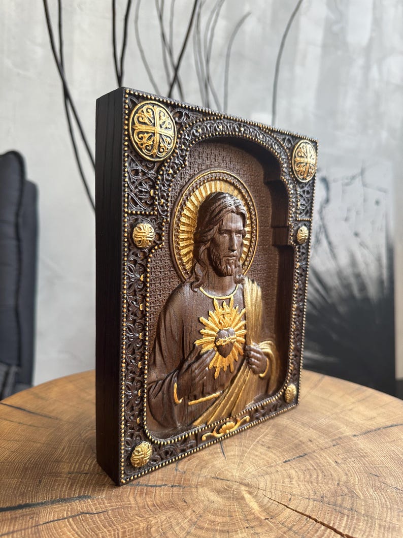 Christmas Gift Sacred Heart of Jesus Wooden Carved Christian Gift Wall