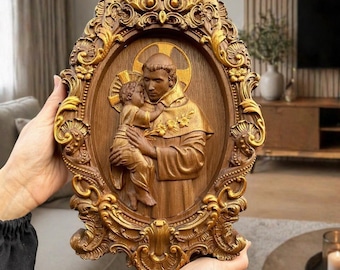 Saint Anthony Wooden Icon, Hand Carved Catholic Wall Art, Oak Wood Religious Gift, Personalized Baptism Gift, Saint Anthony Plaque