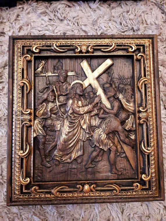 Hand Carved Wooden Stations of the Cross Set: Religious Wall Art