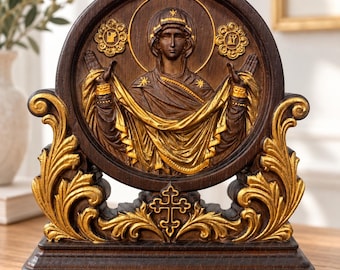 Protection of the Mother of God Icon, Hand Carved Wooden Pokrov, Virgin Mary Statue, Catholic Orthodox Decor, Religious Gift , (7x7 inches)