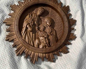 Holy Family christian icon Blessed Our Lady Wooden carved religious wall art  christian gift for women Artist Work