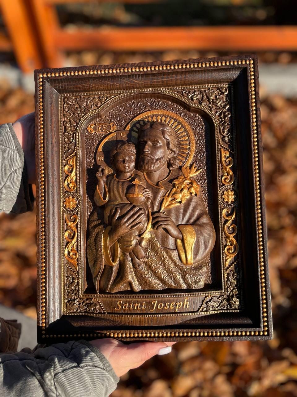 Hand Carved Oak Saint Joseph Icon: Personalized Religious Wall Art