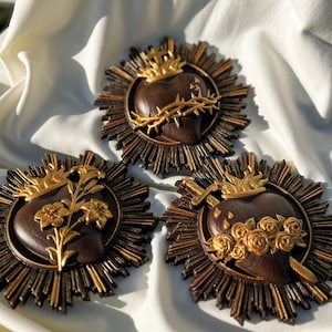 Three Sacred Hearts of the  Holy Family A Set of 6 inches  diameter each Wall Hanging Art work from Natural wood Religious Gift