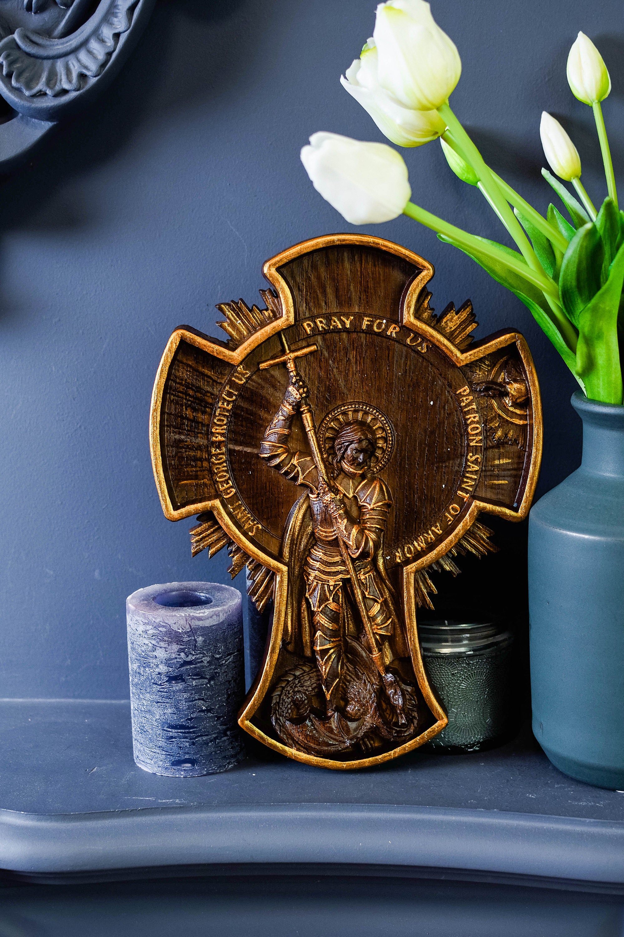 Saint George Schutzpatron der Rüstung aus Holz geschnitzte Wandbehang Kunstwerk Jede Größe - verschiedene Farben Geschenkidee für das Militär TAX FREE